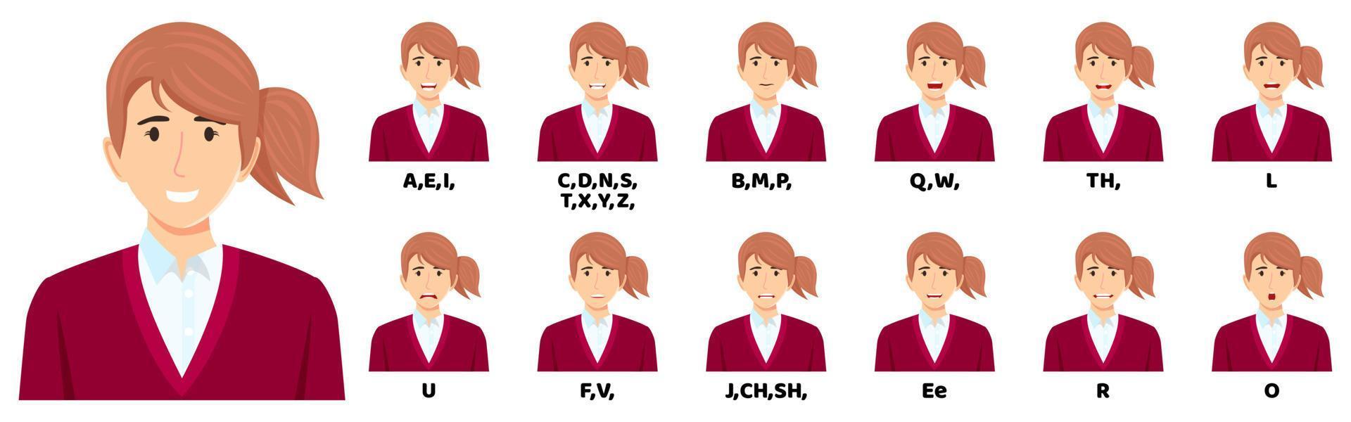 moderne geschäftsfrau zeichentrickfigur sprechen mund und lippen ausdrücke vektoranimationen posiert mundgespräch animation bewegungspraxis englisch sagen zerlegt getrennter brief isoliert vektor