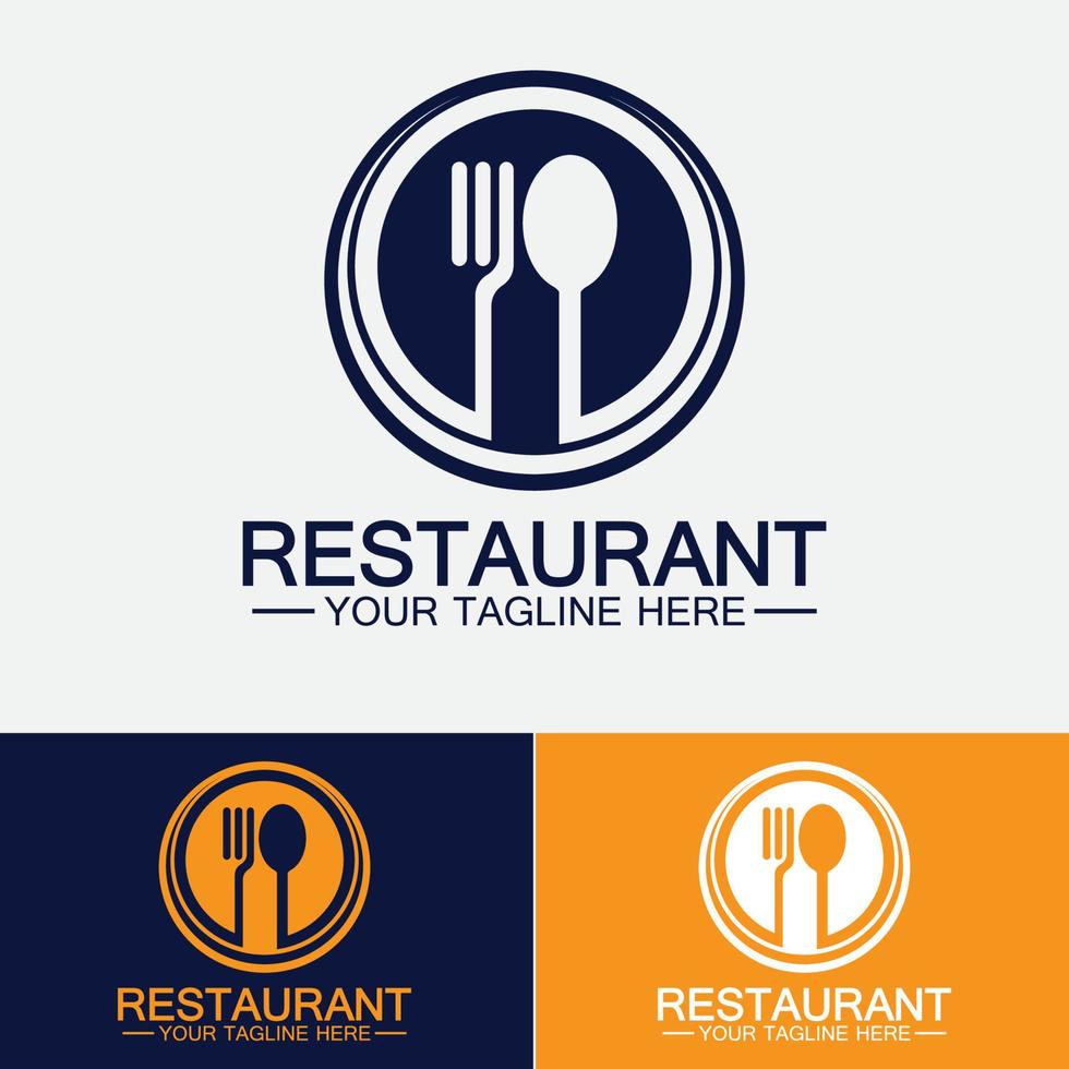 restaurang logotyp med sked och gaffel ikon, meny design mat dryck koncept för café restaurang vektor