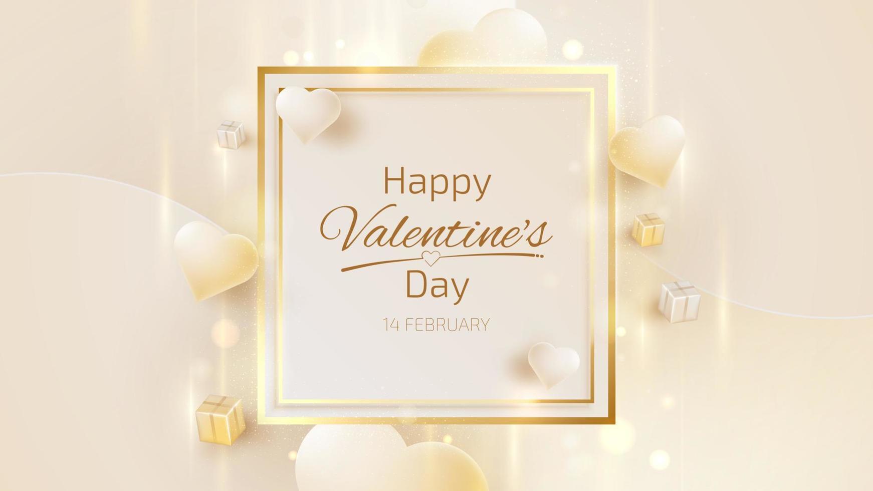 Valentinstag Hintergrund mit quadratischem Rahmen und realistischen Herzformelementen und goldenen Linien. vektor
