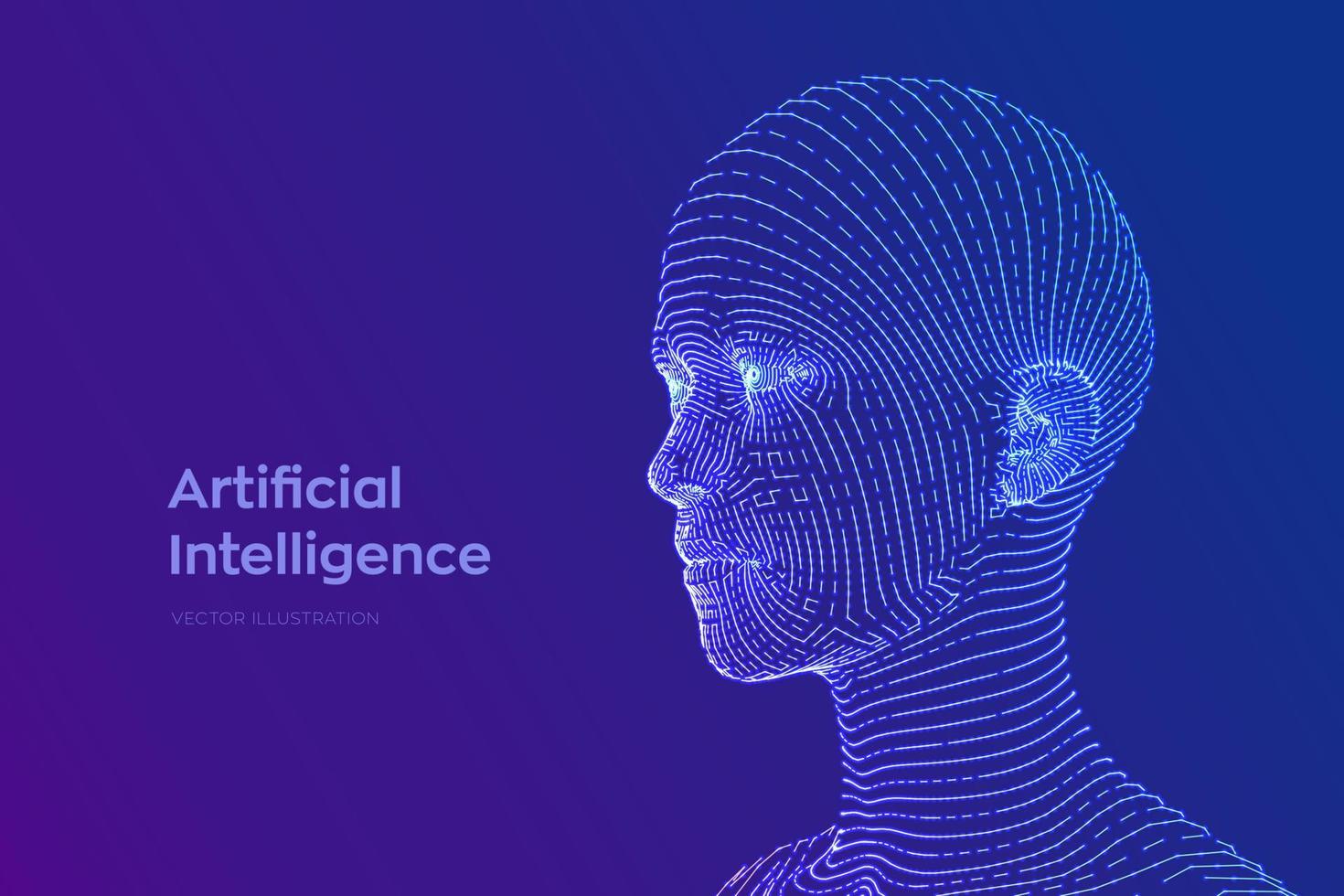 ai. koncept för artificiell intelligens. ai digital hjärna. abstrakt digitalt mänskligt ansikte. mänskligt huvud i robot digital dator tolkning. robotik koncept. wireframe head koncept. vektor illustration.