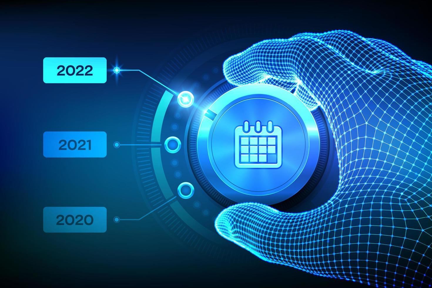 2022 nytt år förändring. växla nivåknapp på 2022. wireframe handinställning kalenderknapp på 2022 års position. gott nytt år. nytt år kommer koncept. vektor illustration.