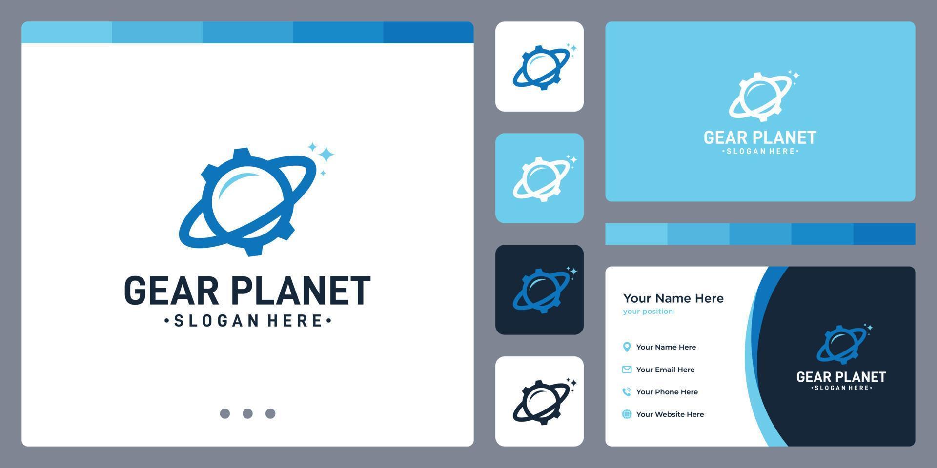 kugghjulslogotyp och formen på en jordglob eller planet. visitkort design. vektor