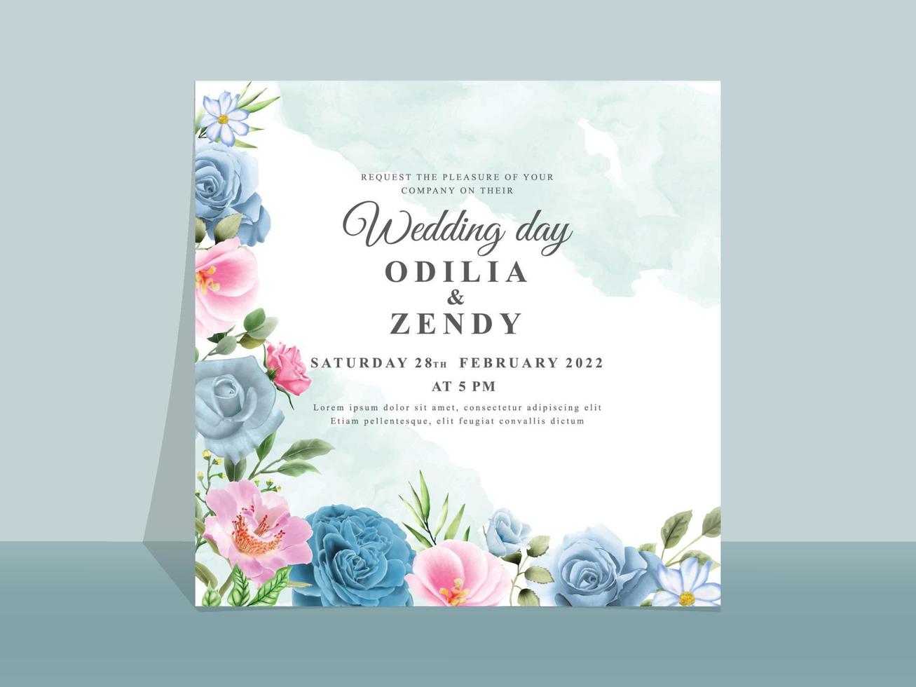 vackra blå och rosa blommor bröllop inbjudningskort vektor