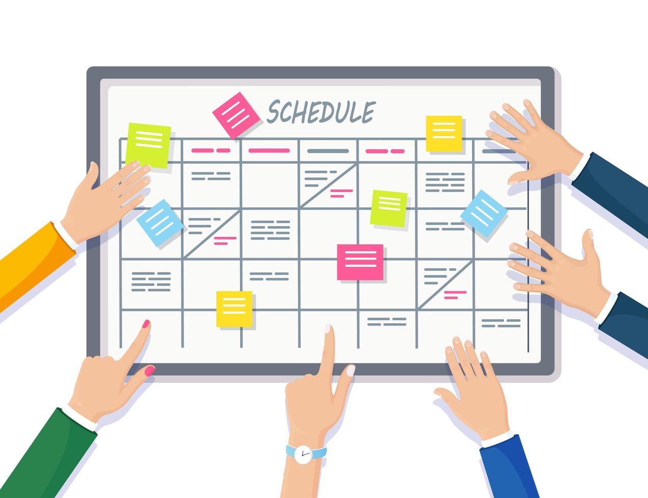 planering schema på uppdrag styrelse koncept. planerare, kalender på whiteboard. lista över händelser för anställd. lagarbete, samarbete, affärstidshanteringskoncept. vektor platt design