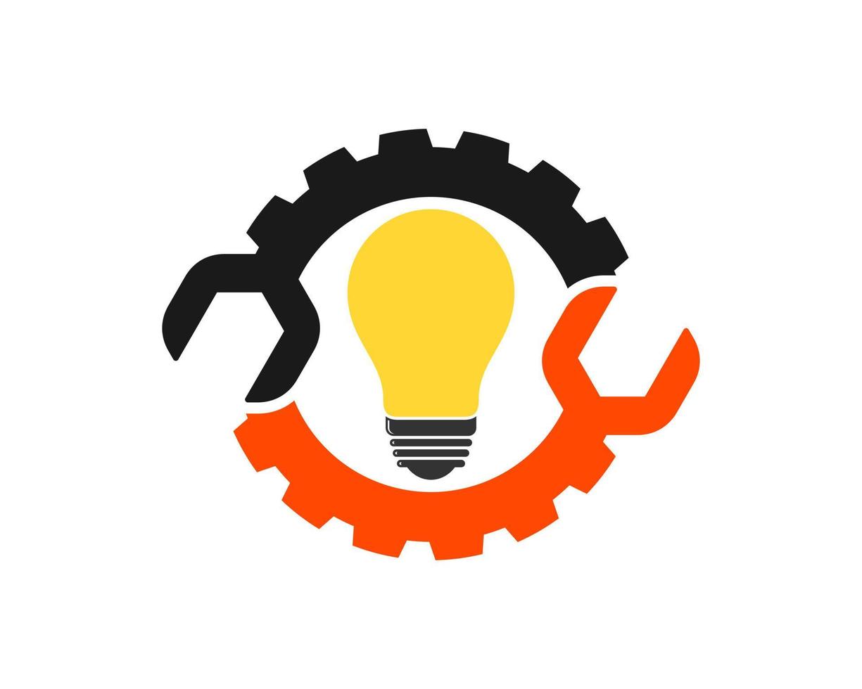 mechanisches Getriebe mit Schraubenschlüssel und Glühbirne im Inneren vektor