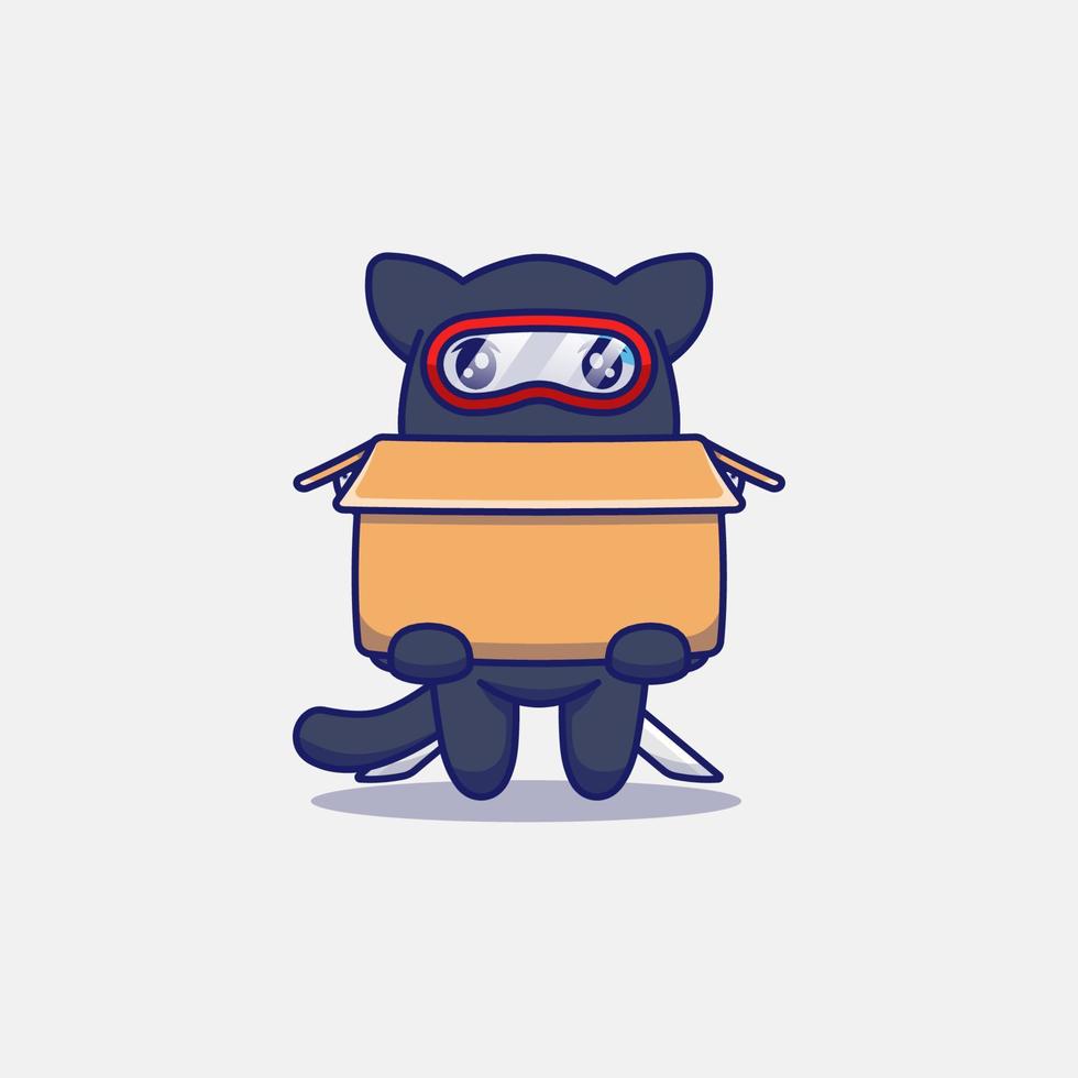 söt ninja katt bär en kartong vektor