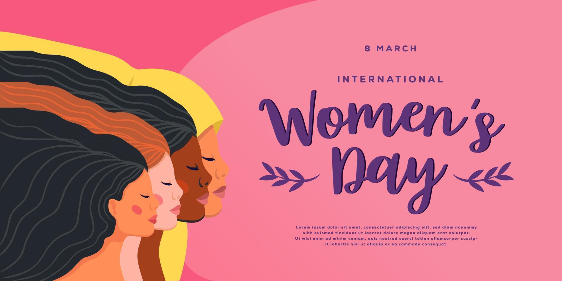 glad internationella kvinnodagen med illustration av fyra kvinnor från olika kulturer och nationaliteter vektor