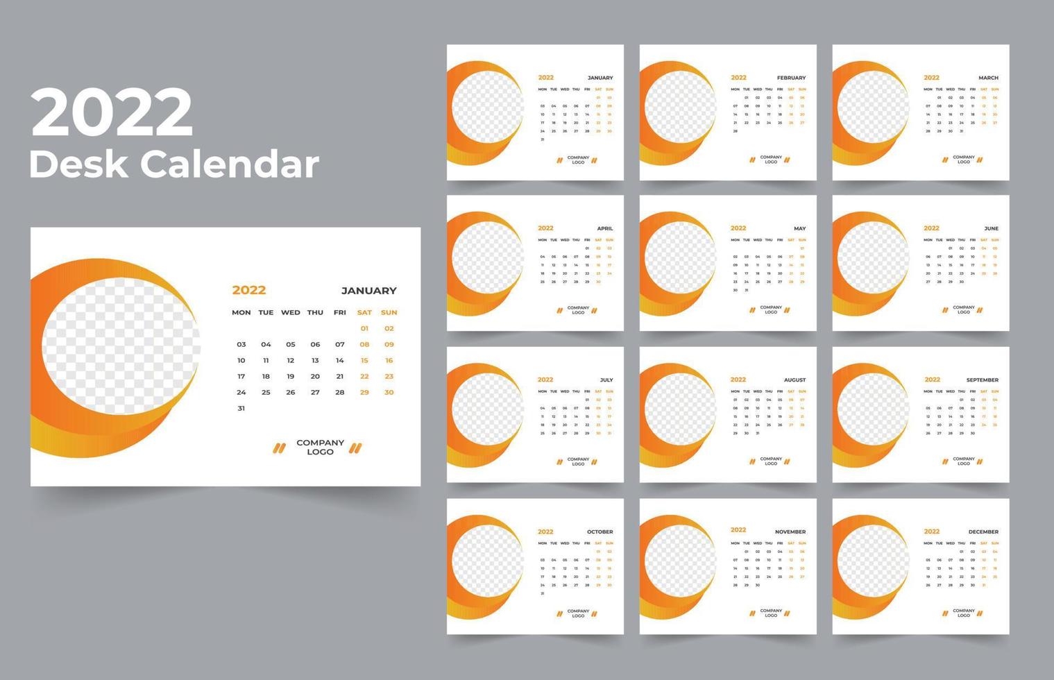 Tischkalenderdesign 2022 Vorlagensatz von 12 Monaten, Woche beginnt Montag, Briefpapierdesign, Kalenderplaner vektor