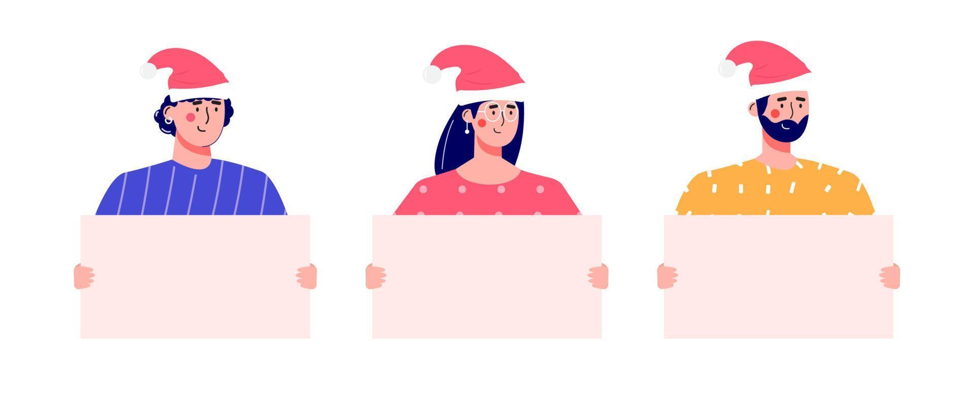 Banner mit Leuten mit Leuten, die leeres Plakat für Weihnachtsverkauf halten. Männer und Frauen . Vektor-Illustration im trendigen Cartoon-Stil. Vektor für Werbung, Coupon oder Gutschein