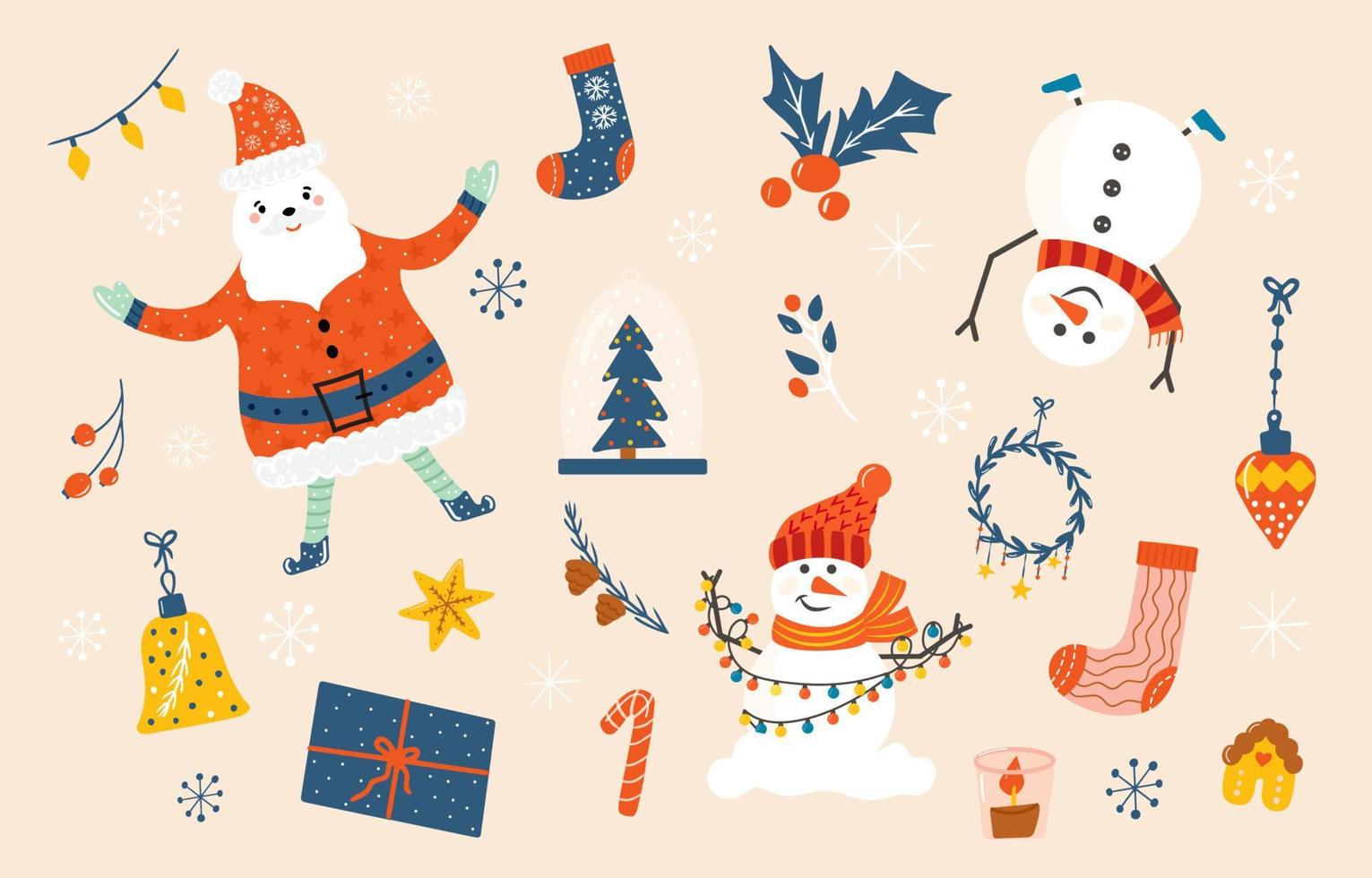 vektor uppsättning mysiga juldekorationer med snögubbar och tomten. bunt av grannlåt, krans, presenter, strumpor, gran. barn illustration. klippbok trendig samling