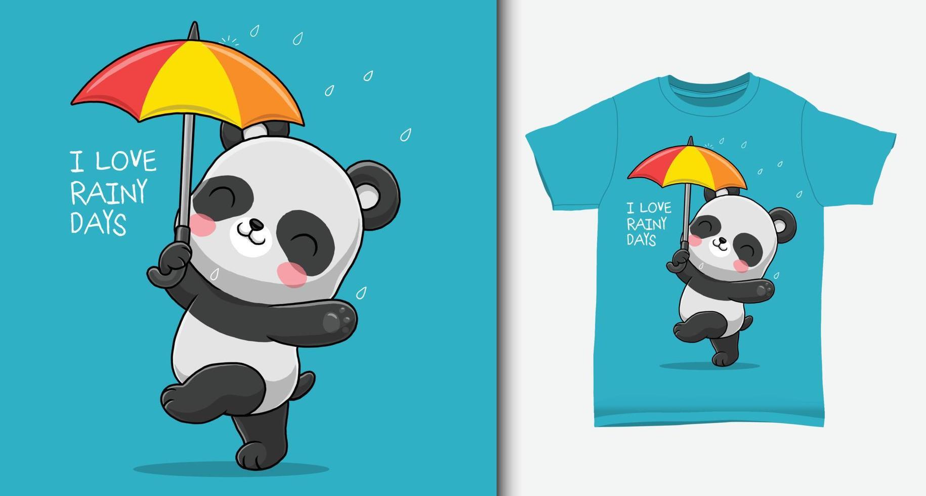 söt panda i regniga dagar. med t-shirtdesign. vektor