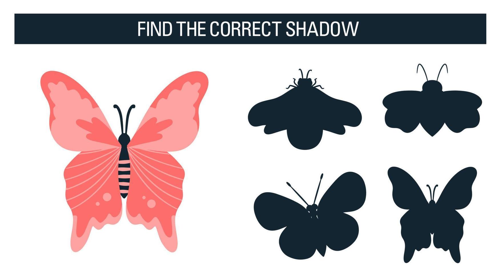 Insekten, Schmetterlinge, Motten. Finde den richtigen Schatten, ein Lernspiel für Kinder. Vektor-Illustration Cartoon-Stil vektor