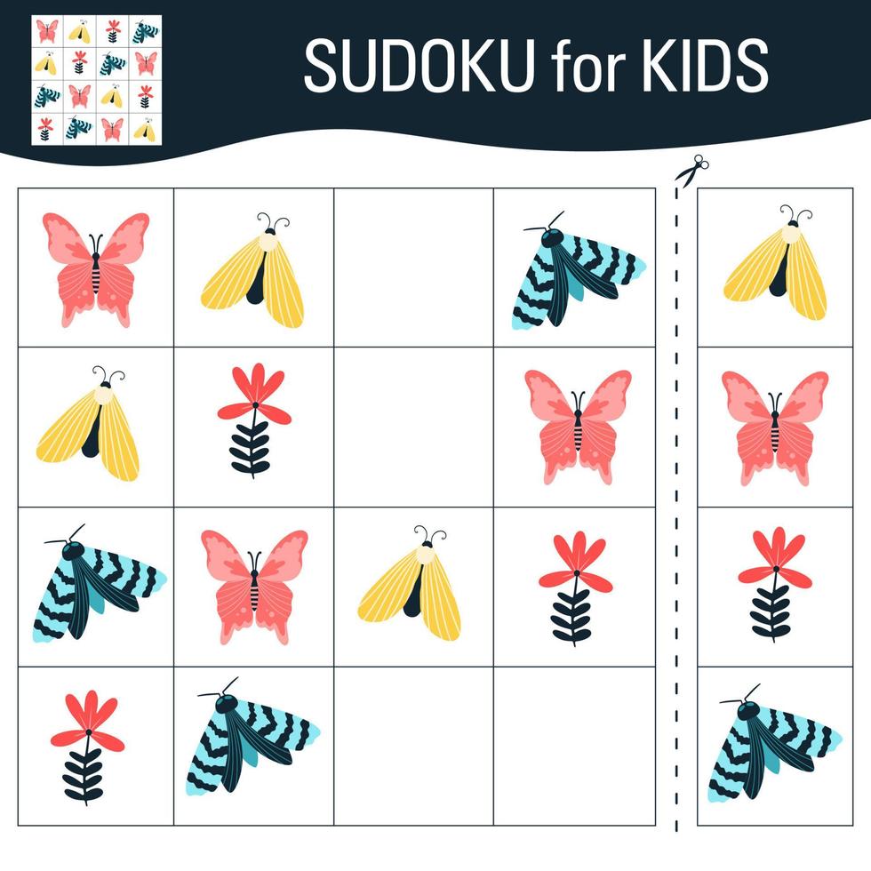 Sudoku-Spiel für Kinder mit Bildern. Cartoon-Schmetterlinge, Insekten und Elemente der Natur. Vektor. vektor