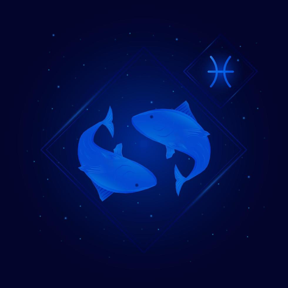 Fische Sternzeichen Symbole, Fische des Tierkreises mit Galaxie Sternen Hintergrund, Astrologie Horoskop mit Zeichen vektor