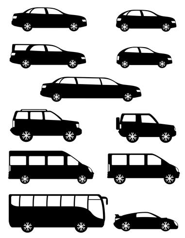 sätta ikoner personbilar med olika kroppar svart silhuett vektor illustration