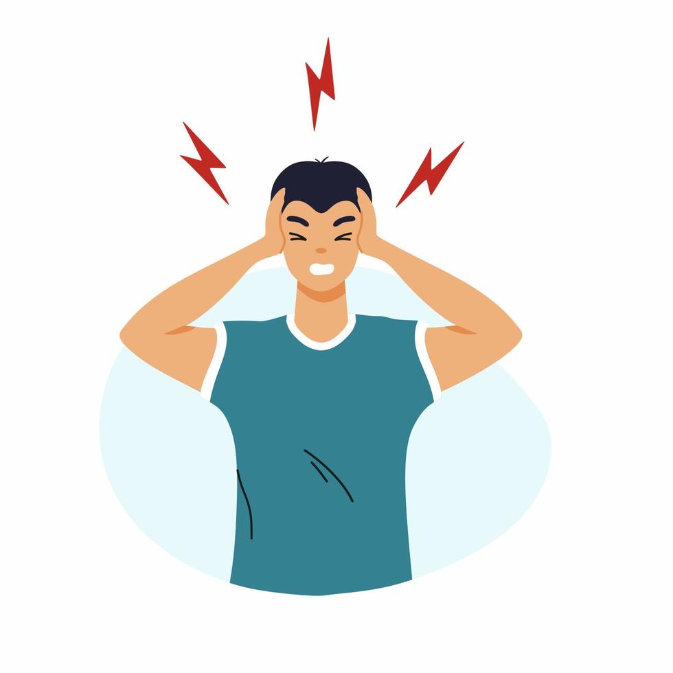 Kopfschmerzen. Mann mit Migräne. Krankheitssymptome und gesundheitliche Probleme. vektor