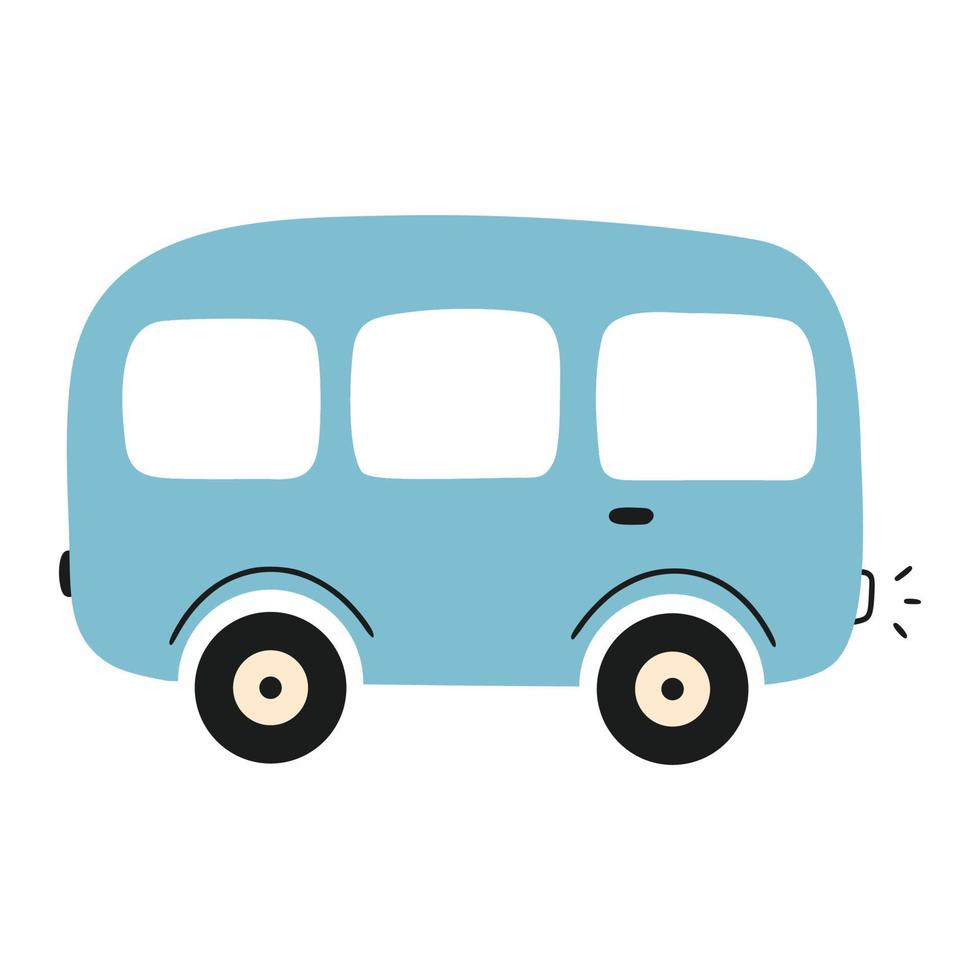 blå bil i stil med doodles på vit bakgrund. skolbuss ikon. illustration av bil för barn bok eller tryck på kläder. vektor