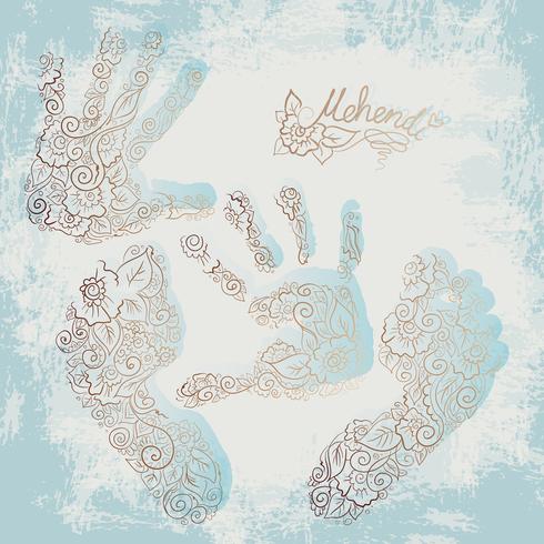 Aufdruck von Kinderhandflächen und -füßen. Mehendi gesetzt. vektor