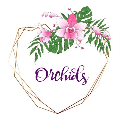 Floral design geometrisk ram. Orchid, eukalyptus, grönska. Bröllopskort. vektor