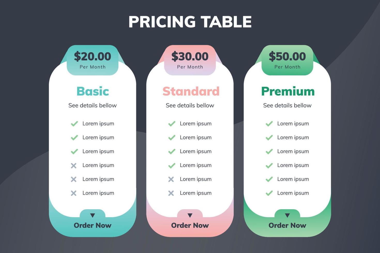 moderne Preisvergleichstabelle für drei Produkte oder Dienstleistungen vektor
