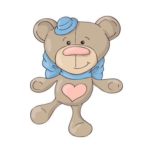 Netter Teddybär der Karikatur in einem Hut mit einem blauen Bogen. vektor