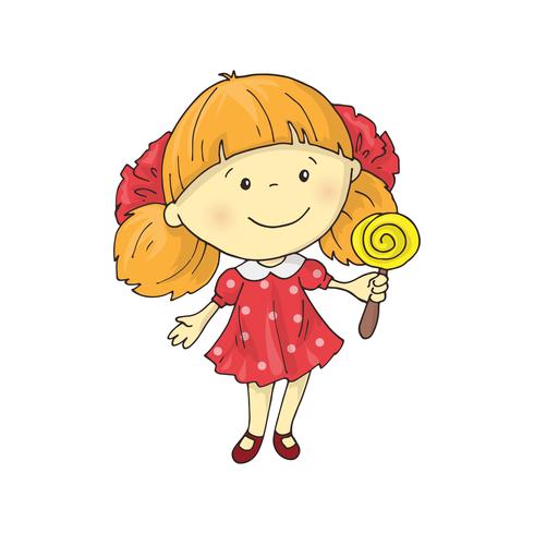 En härlig charmig tecknad flicka med en lollipop. vektor