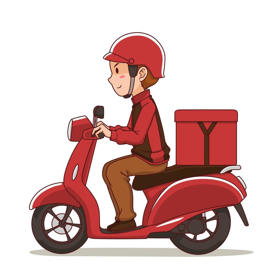 seriefigur av matleveransmannen som åker röd motorcykel. vektor