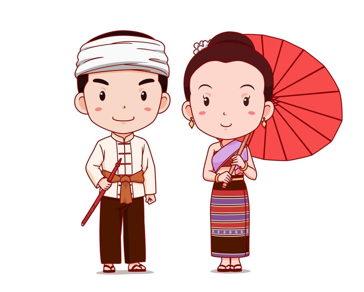 söta par seriefigurer i thailändsk lanna traditionell kostym. vektor