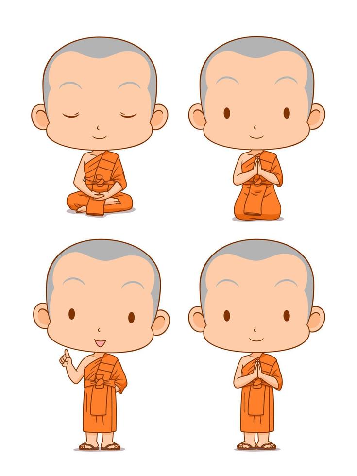 Zeichentrickfigur buddhistischer Mönche in verschiedenen Posen. vektor