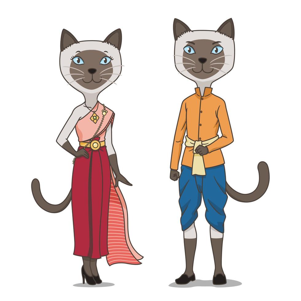 ein paar siamesische katzen der karikatur, die thailändisches traditionelles kostüm tragen. vektor