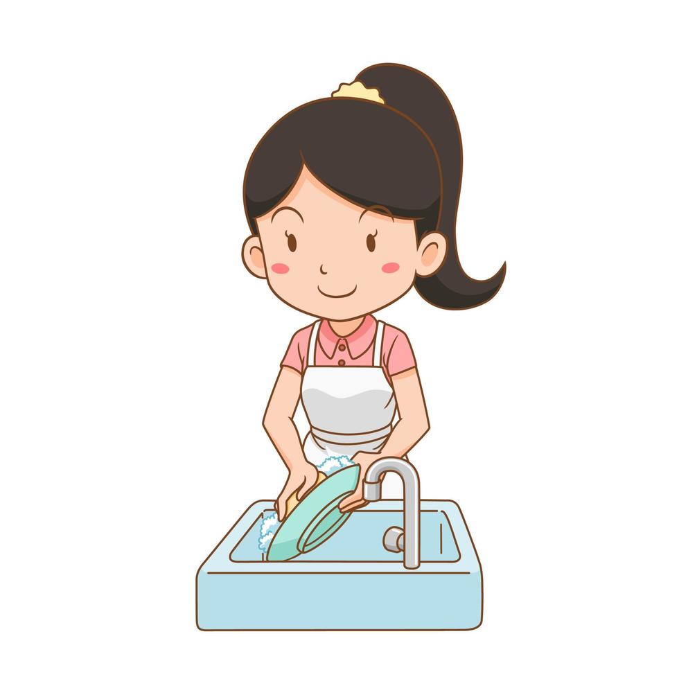 Zeichentrickfigur der Frau beim Abwasch. vektor
