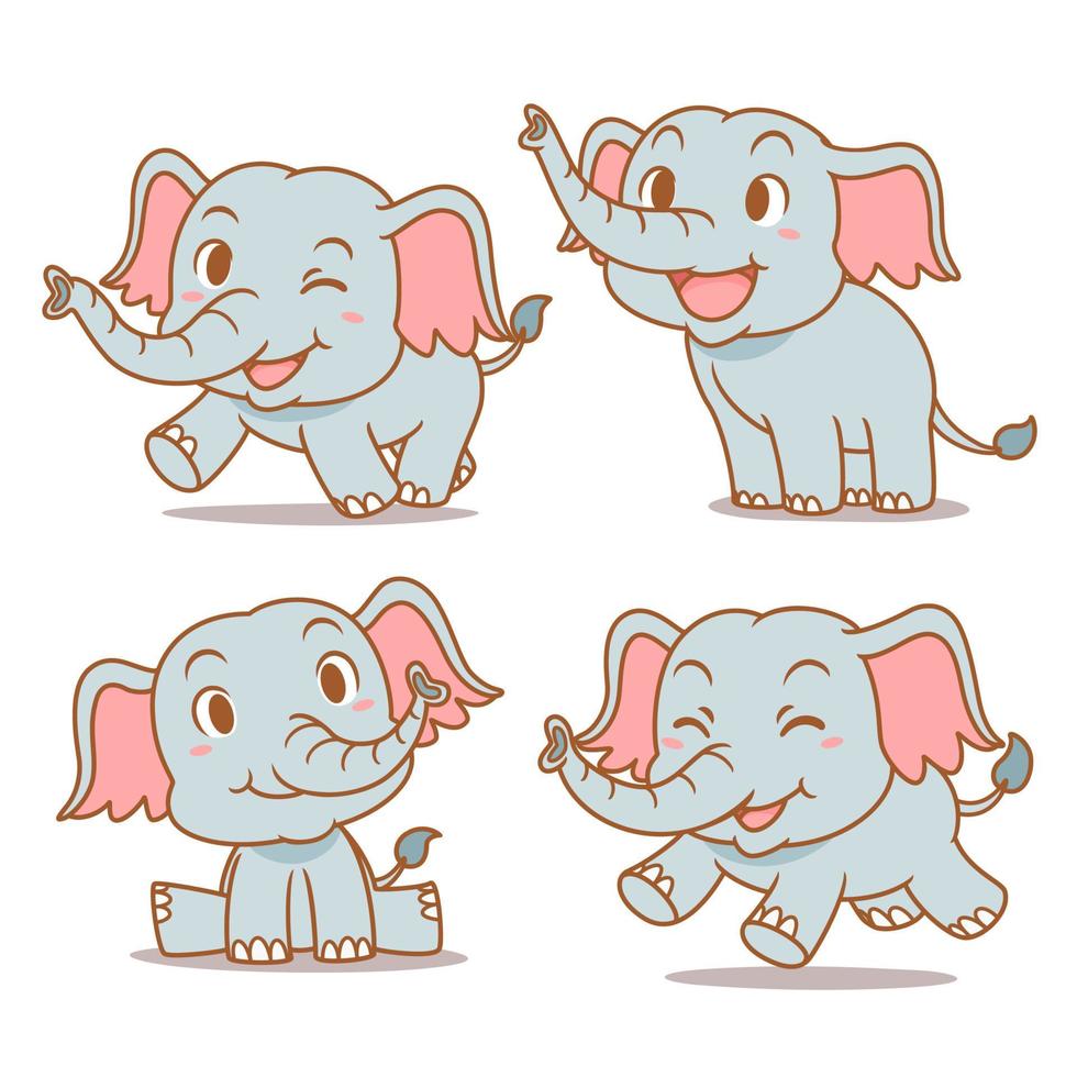 Reihe von niedlichen Cartoon-Baby-Elefanten in verschiedenen Posen. vektor