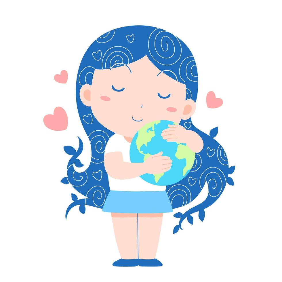 Cartoon-Illustration eines Mädchens, das die Welt umarmt, Tag der Erde, Welttag der humanitären Hilfe, Weltfriedenstag. vektor