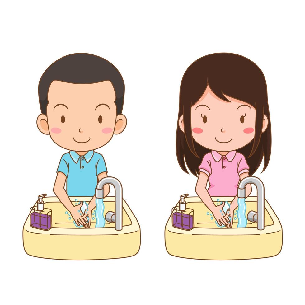 Zeichentrickfigur von süßen Jungen und Mädchen, die sich die Hand waschen. vektor