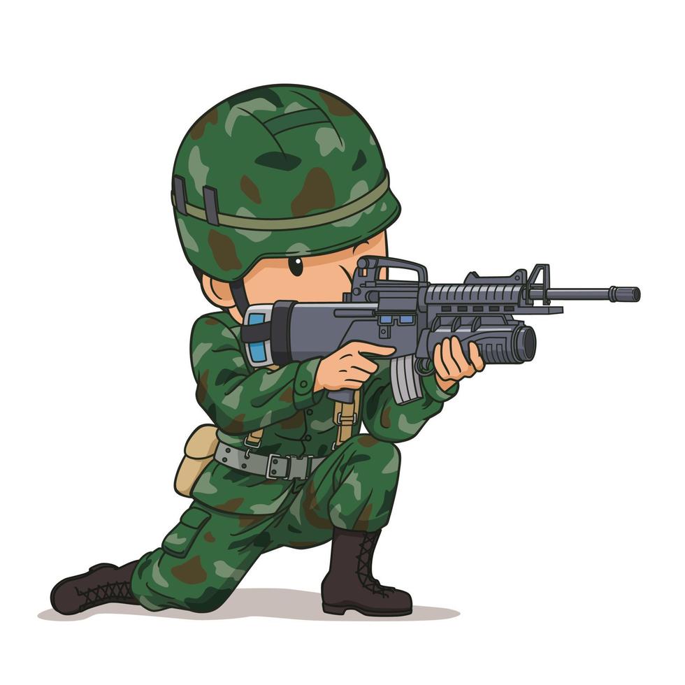 Zeichentrickfigur eines Soldaten, der eine Waffe zeigt. vektor