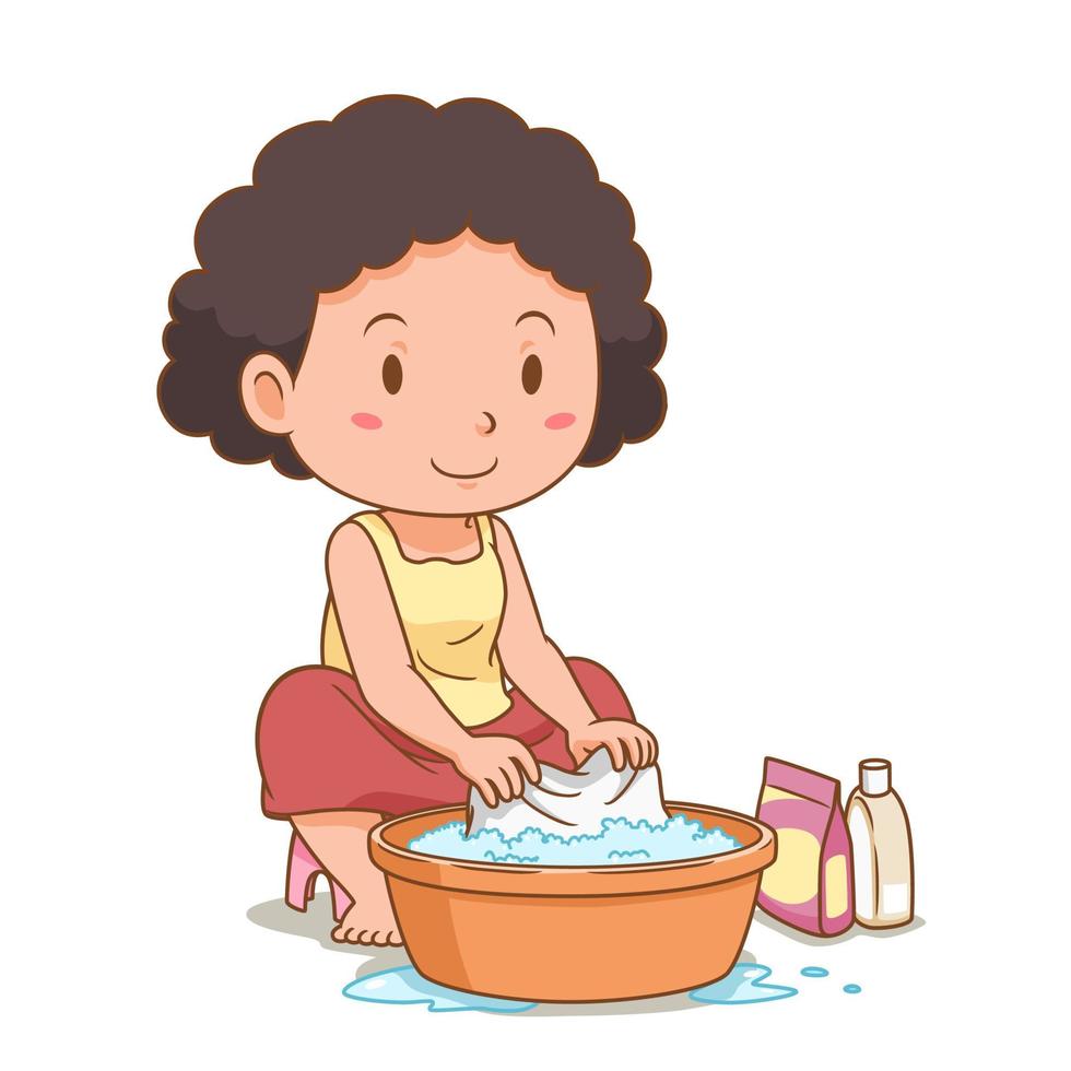 Zeichentrickfigur der Frau, die Kleidung mit einem Plastikbecken wäscht. vektor