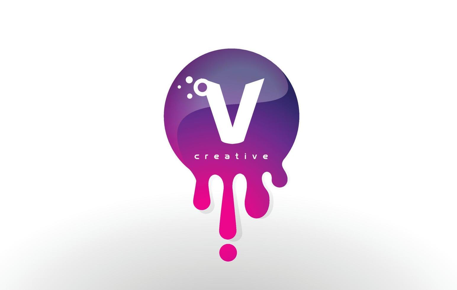 v letter splash logotyp. lila prickar och bubblor brev design vektor