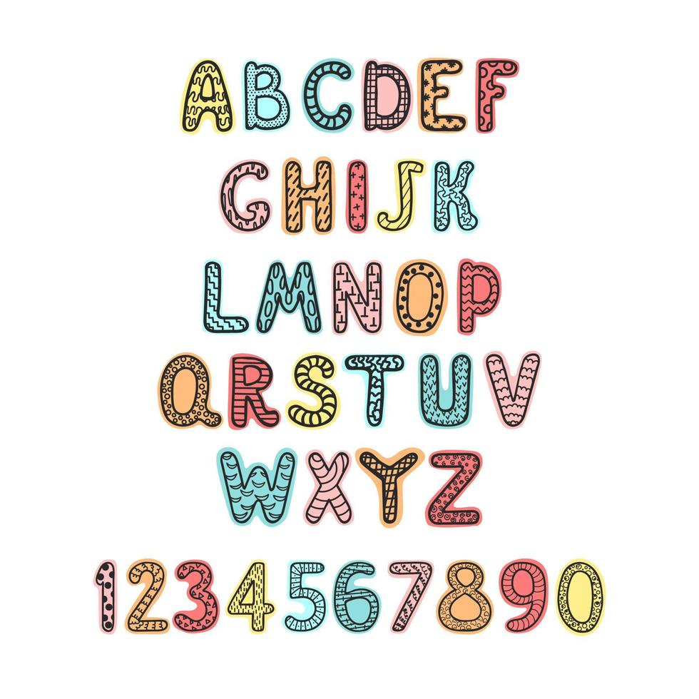 Vektor süße bunte Alphabet für Kinder. kann als Elemente für Ihr Design für Grußkarten, Kinderzimmer, Poster, Karten, Geburtstagsfeiern, Verpackungspapierdesign, Baby-T-Shirts verwendet werden