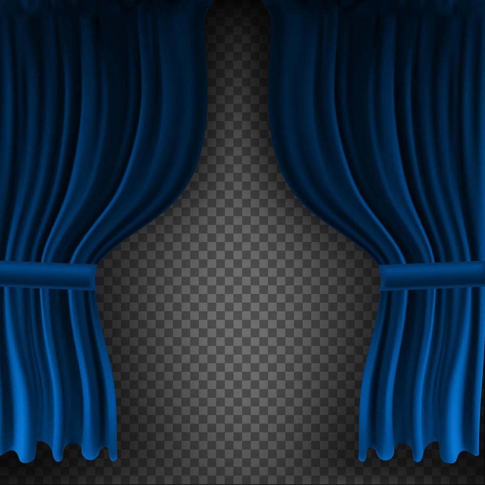 realistisk färgglad blå sammetridå vikad på en transparent bakgrund. alternativ gardin hemma i bio. vektor illustration
