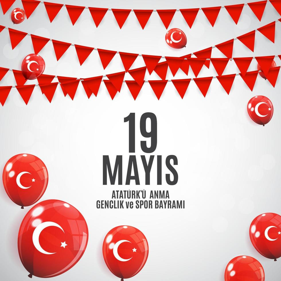 19 maj högtidlighållande av ataturk, ungdoms- och idrottsdagen. turkiska talar 19 maj ataturku anma, genclik ve spor bayrami. turkiska semester gratulationskort. vektor illustration