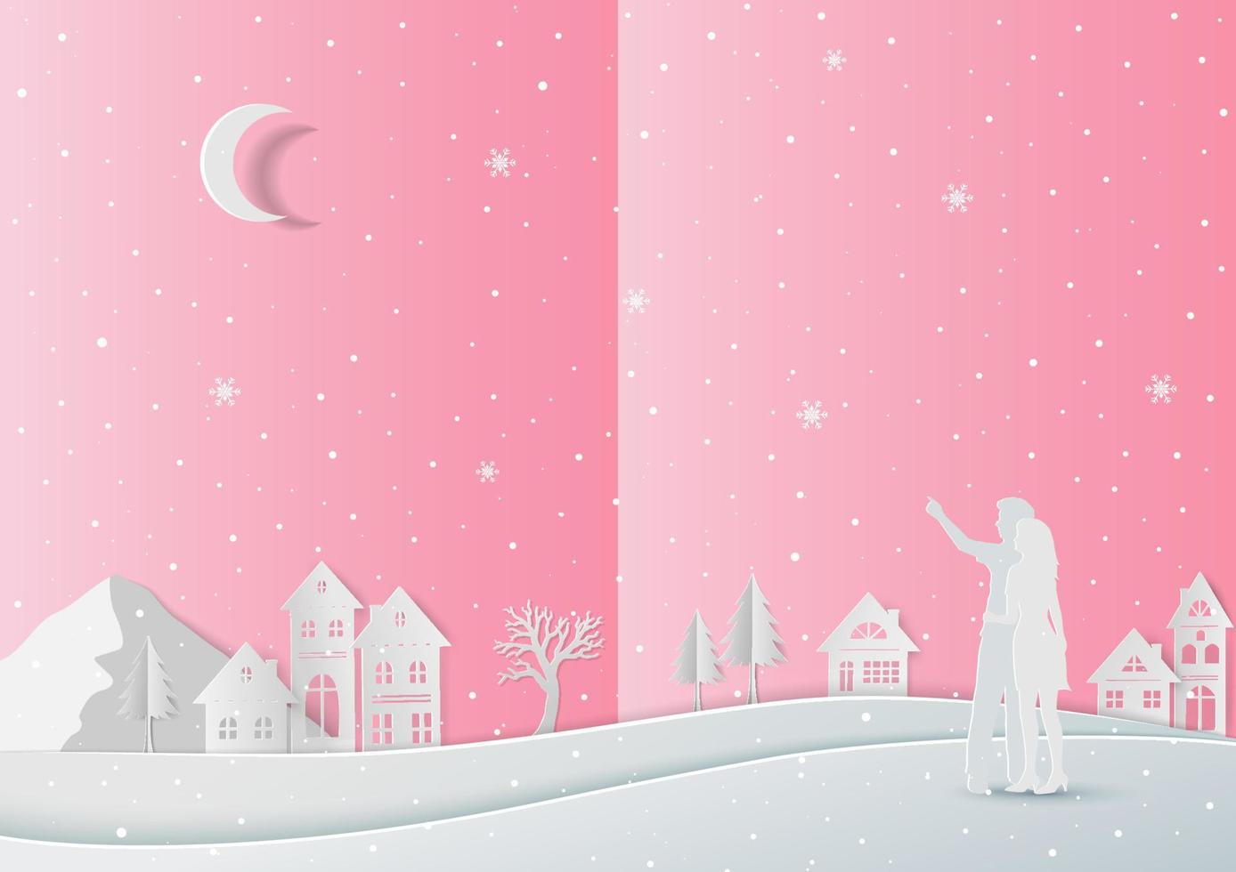 Liebe im Winterkonzept mit Papierkunst auf romantischem Hintergrund vektor