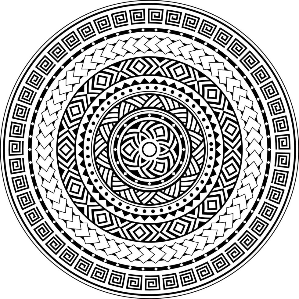 polynesiska geometriska vektormönster mandala i maoristil, hawaiisk stambakgrund inspirerad av konst traditionell geometrisk konst. bakgrund i svart och vitt vektor