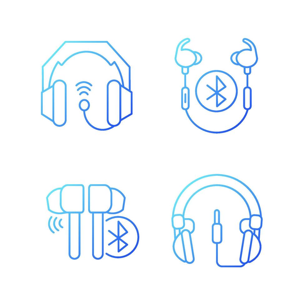 i örat och på örat hörlurar lutning linjär vektor ikoner set. trådbundna headset för professionell musikmastering. tunn linje kontur symboler bunt. isolerade kontur illustrationer samling