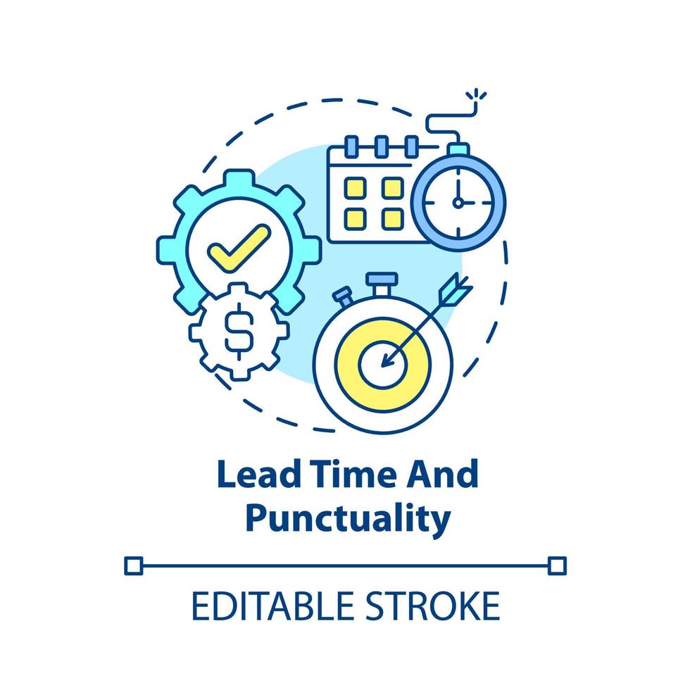 ledtid och punktlighet koncept ikon. produktivitet i produktionsprocessen. operations management abstrakt idé tunn linje illustration. vektor isolerade kontur färgritning. redigerbar linje
