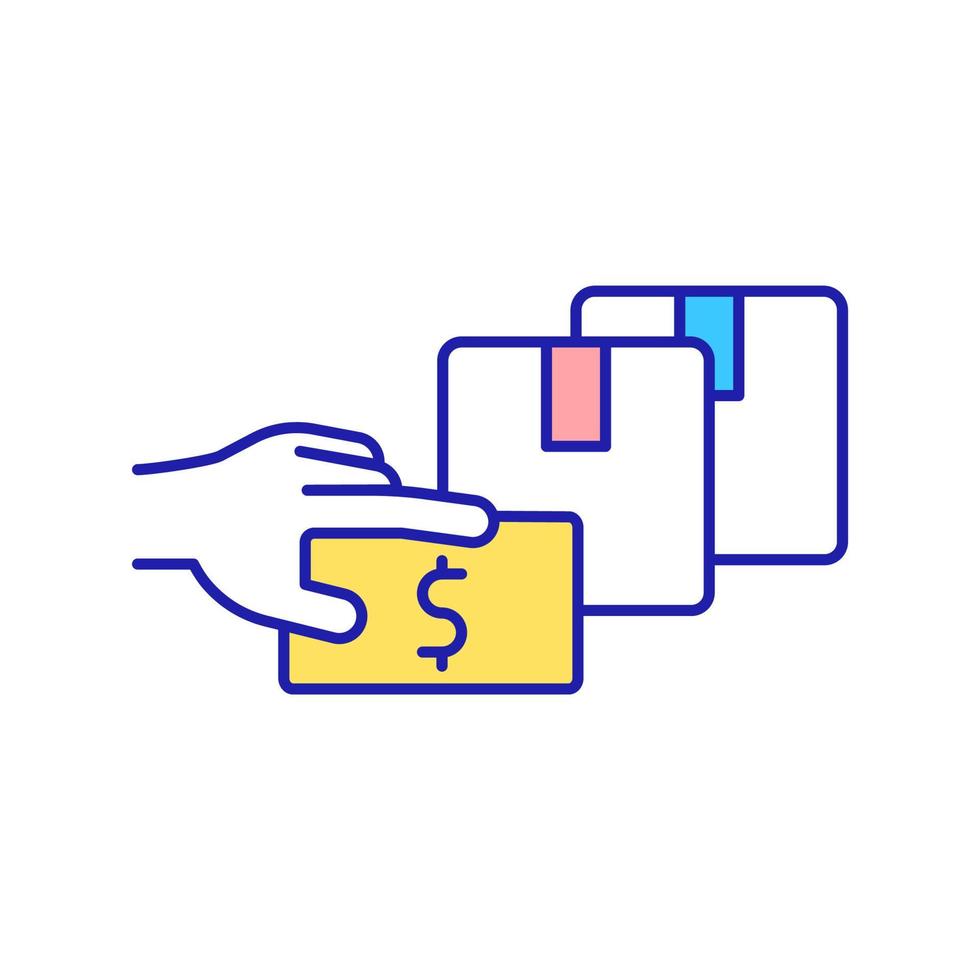 köpa varor rgb färgikon. intäkter från tillverkningsproduktion. distribution av produkter för att generera intäkter och företagets intäkter. isolerade vektor illustration. enkel fylld linjeritning