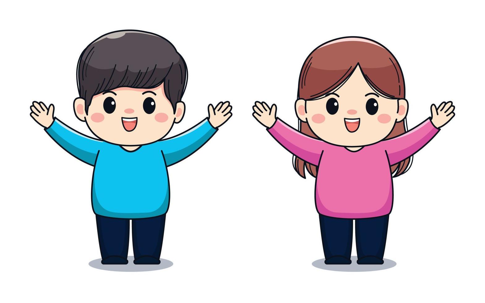 illustration av glad söt pojke och flicka händer upp kawaii karaktärsdesign vektor