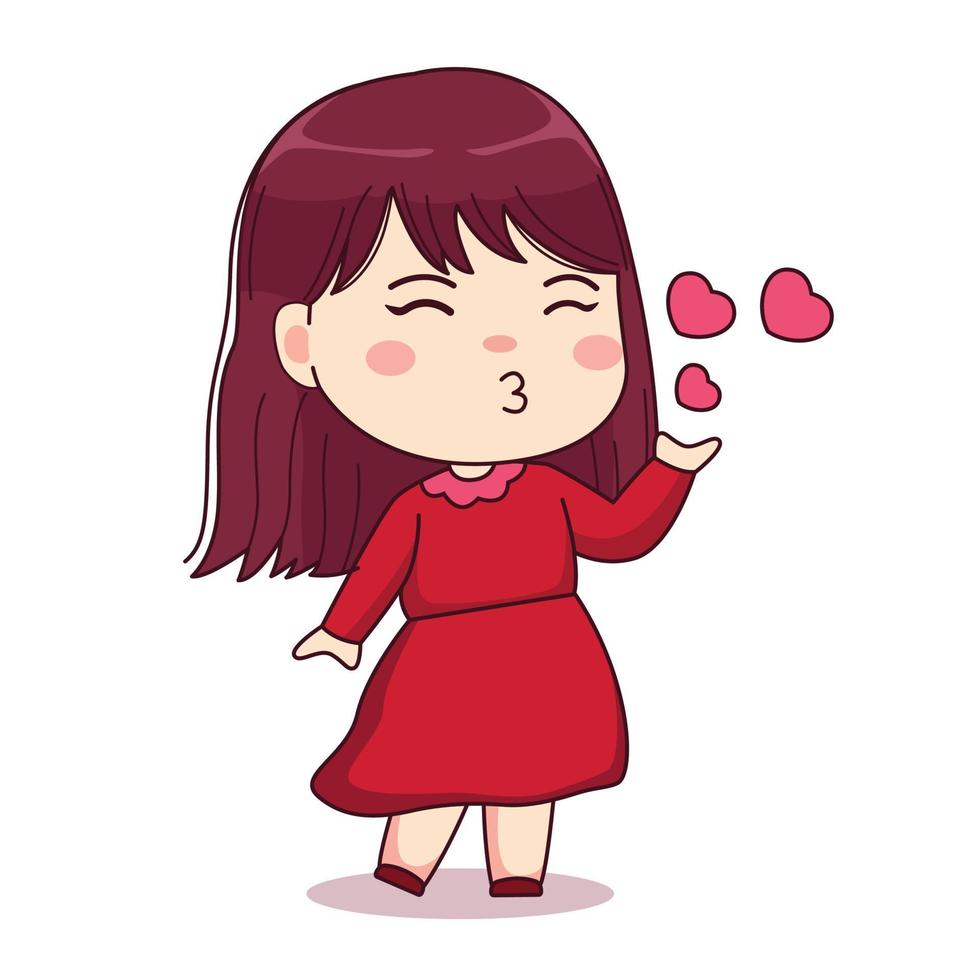 alla hjärtans dag flicka kärlek kyss med röd klänning söt kawaii chibi karaktär design vektor