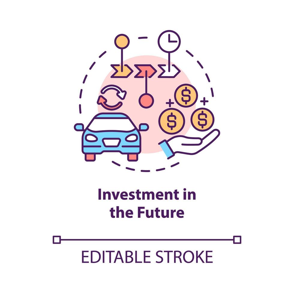 Investition in das Symbol für das zukünftige Konzept. Geld für zuverlässige Dienstleistungen und Waren ausgeben. Konsumismus abstrakte Idee dünne Linie Abbildung. Vektor isolierte Umriss-Farbzeichnung. bearbeitbarer Strich