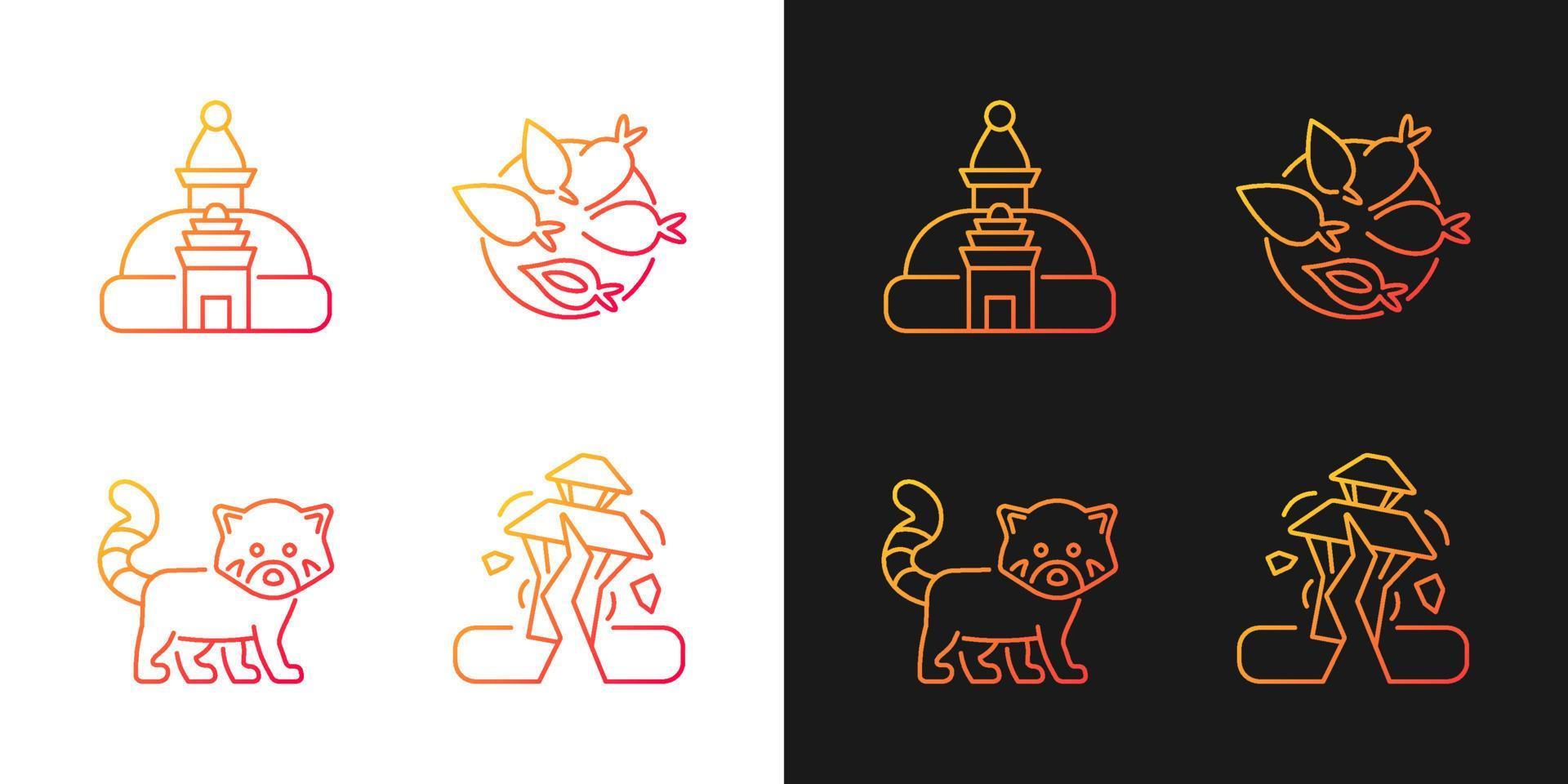 turism i nepal lutning ikoner inställda för mörkt och ljust läge. swayambhu stupa. nepalesiska köket. tunn linje kontur symboler bunt. isolerade vektor kontur illustrationer samling på svart och vitt
