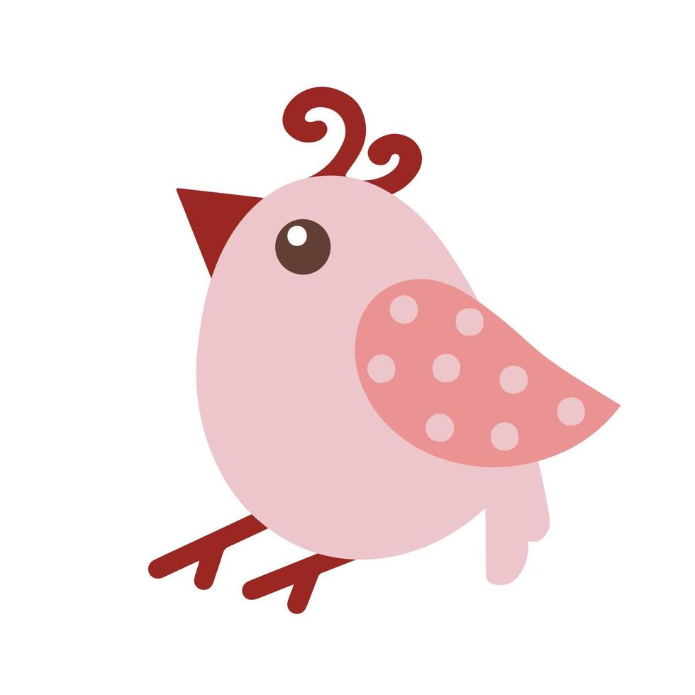 niedliche Cartoon-Vogel-Vektor-Symbol. handgezeichnete Abbildung auf weißem Hintergrund. ein lustiger rosa Charakter mit einem kleinen Schnabel, dünnen Beinen, Locken, gepunkteten Flügeln. flache saisonale Cliparts vektor